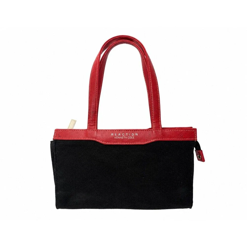 Kenneth Cole Reaction Black Canvas Red Leather Mini Tote Shoulder Bag Zip Top